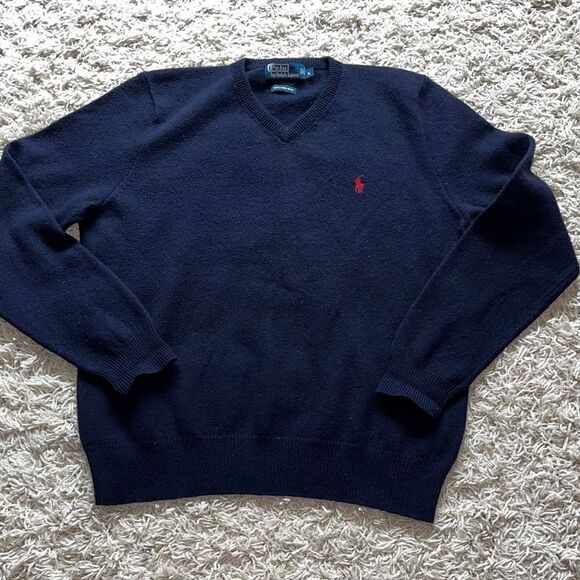 POLO RALPH LAUREN Men's Pure Lambswool Warm Soft Navy V-neck Jumper, size L - Picture 1 of 9